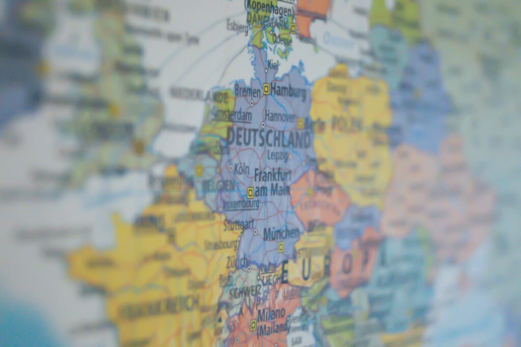 pexels photo 269790 269790 Close-up view of Germany on a colorful world map showing major cities.